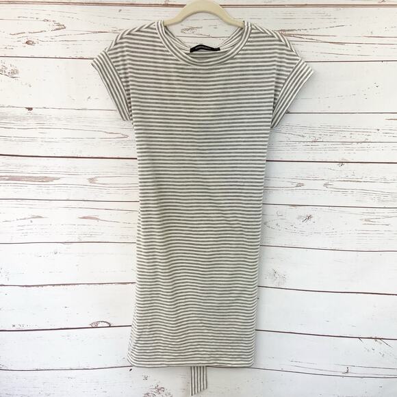 Merokeety S Grey Stripe Tie Waist Pocket Sheath Belted Mini Crew Tshirt Dress - Picture 2 of 7